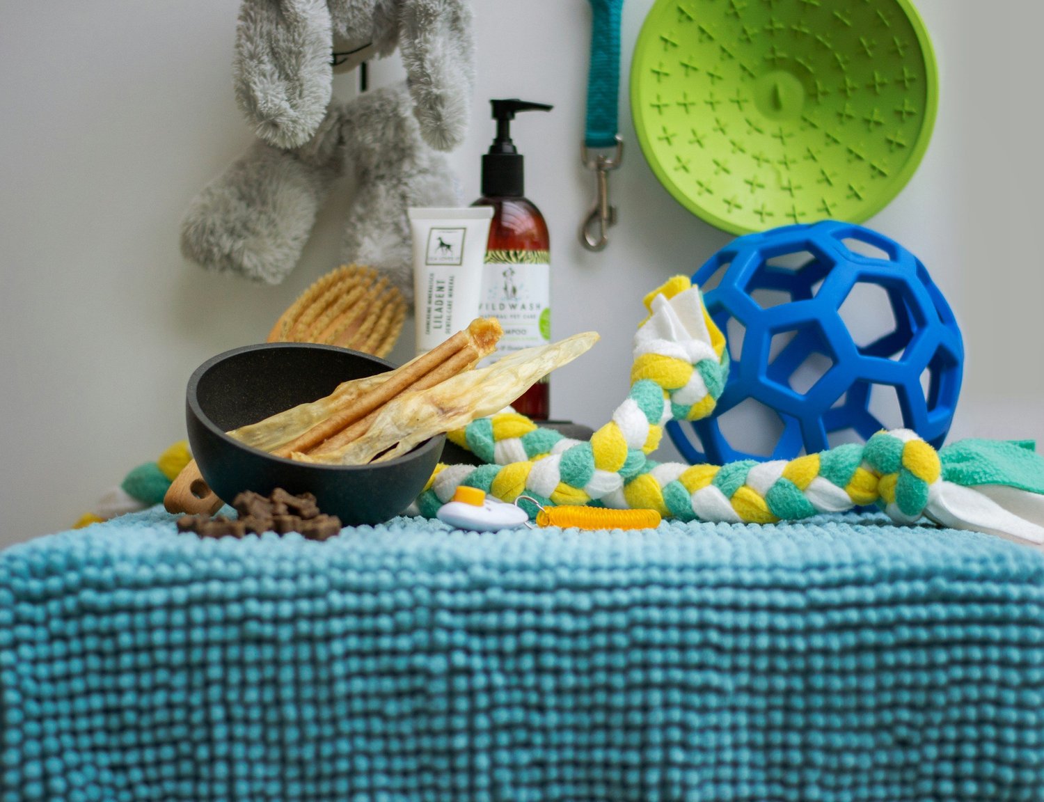 Dog toys, chews, bowls and grooming products arranged on a table